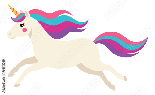 Flat cartoon illustration of a white unicorn depicting a galloping pose with colorful rainbow mane for children design