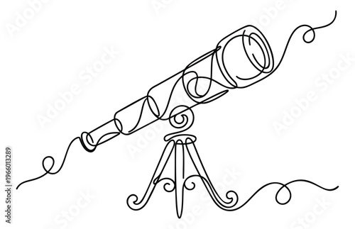 Continuous line art illustration of a vintage telescope on tripod depicting astronomical observation for science and education design