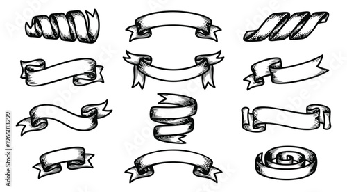 Engraving style set of 13 decorative ribbon banners featuring scrolls, curls and vintage flourishes for label and badge design