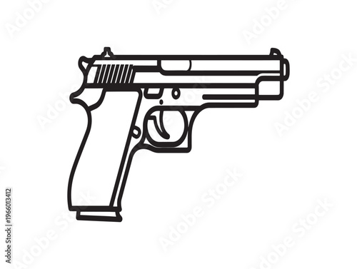 A black and white line drawing of a semi automatic pistol