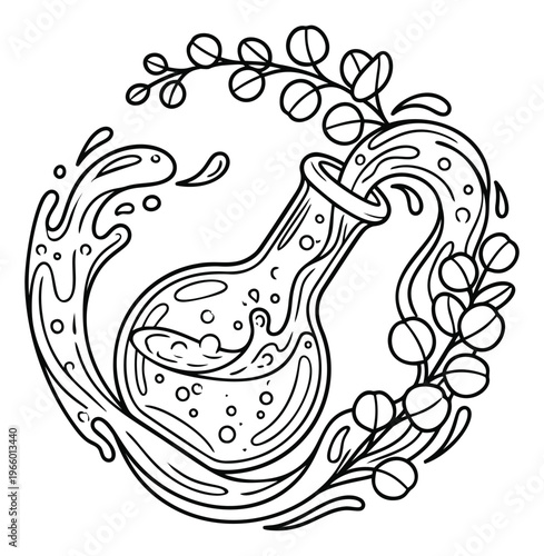 Line art illustration of a potion flask with water splash and botanical wreath depicting a magical alchemy concept for fantasy and science design