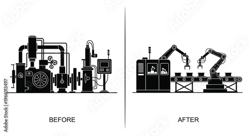 A comparison depicting industrial machinery before and after automation showcasing a factory evolution silhouette high quality professional detailed modern elegant stylish