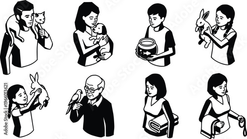 Black and white vector art people holding pets cat dog rabbit fish parrot leash blanket