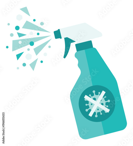 Flat illustration of disinfectant spray bottle depicting antibacterial cleaning action for health and hygiene design