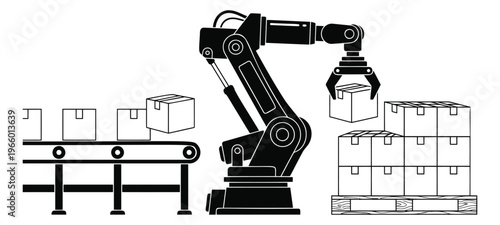 Silhouette illustration of robotic arm depicting automated warehouse sorting with conveyor belt and pallet stacking for industrial design