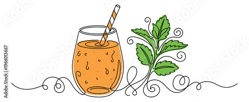Line art illustration of a fresh juice glass with mint depicting a healthy drink concept for food and beverage design