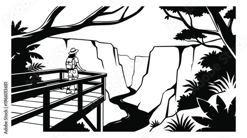 Cartoon illustration of a tourist on a wooden viewpoint platform depicting a canyon waterfall overlook surrounded by jungle for travel and adventure design