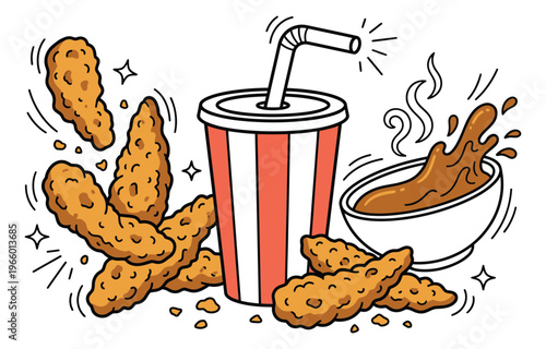 Cartoon illustration of chicken tenders with soda cup and dipping sauce depicting fast food combo meal for restaurant menu design