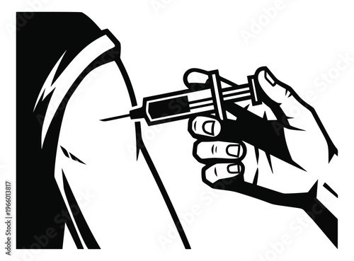 Woodcut illustration of vaccination depicting a syringe injection into an arm for medical and healthcare design