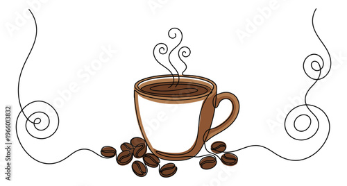 Continuous line art illustration of a hot coffee cup depicting steam and roasted beans for cafe and beverage design