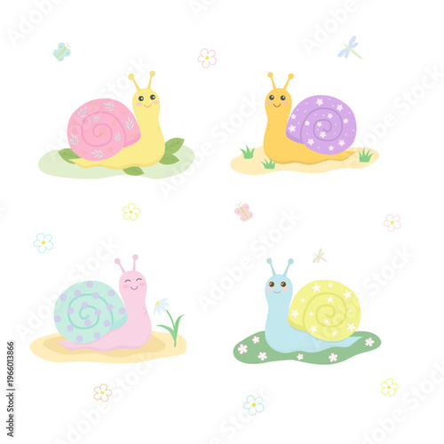 Kawaii snail character vector set, cute mollusks with colorful patterned shells, isolated garden insects collection
