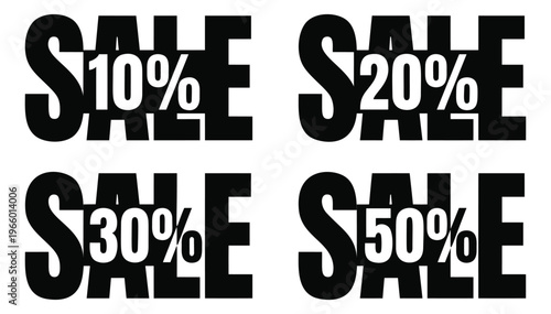 Bold flat banner set of 4 sale discount labels featuring 10 20 30 and 50 percent off text for retail promotion design
