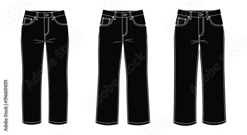 Three pairs of denim jeans are displayed in a stark black and white visual arrangement creating a striking silhouette high quality