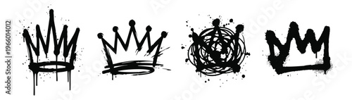 Graffiti icon set of 4 crown designs featuring spray paint drips, brush strokes and scribble styles for urban street art design