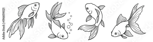 Outline icon set of 4 goldfish featuring swimming poses and decorative fins for aquatic and pet design