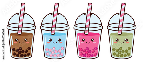 Cartoon icon set of 4 kawaii bubble tea cups featuring cute faces and colorful boba drinks for cafe and menu design