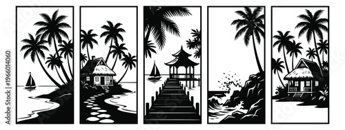 Silhouette panel set of 5 tropical beach scenes featuring palm trees, pier, huts and ocean waves for travel design