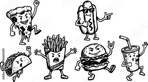 Playful black and white hand drawn pizza slice burger fries taco hot dog and soda characters dancing