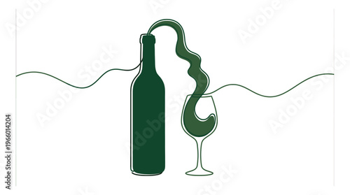 Continuous line art illustration of wine bottle and glass depicting pouring liquid for restaurant and beverage design