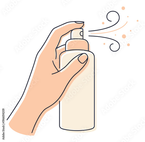 Line art illustration of a hand holding a spray bottle depicting mist spraying for beauty and cosmetics design