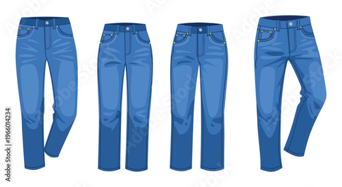 Four pairs of blue denim jeans are displayed in a flat lay showcasing varying styles and fits silhouette high quality professional