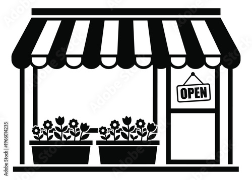 Flat silhouette illustration of a flower shop storefront depicting an open small business facade with striped awning and potted plants for retail design