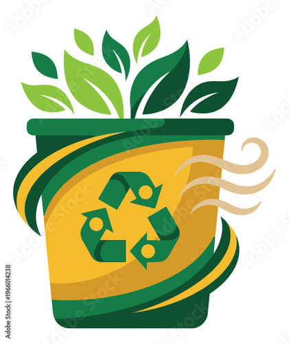 Flat illustration of a green recycling bin depicting composting with fresh leaves and organic waste for eco design