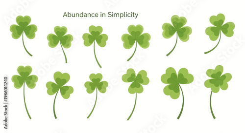 Minimalist green four leaf clover illustration with abundance in simplicity text