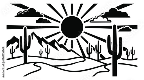 Bold flat illustration of desert landscape depicting saguaro cactus mountains and sun rays for southwest and nature design