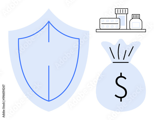 Financial security, healthcare costs, medical insurance, risk management, wealth savings, economic safety. Shield, money bag with dollar sign medicine bottles. Financial security and healthcare