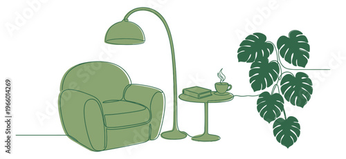 Line art illustration of cozy reading nook depicting armchair lamp side table and monstera plant for interior design