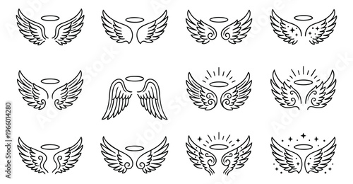 Outline icon set of 12 angel wings featuring halo rings and decorative feather designs for spiritual and religious use