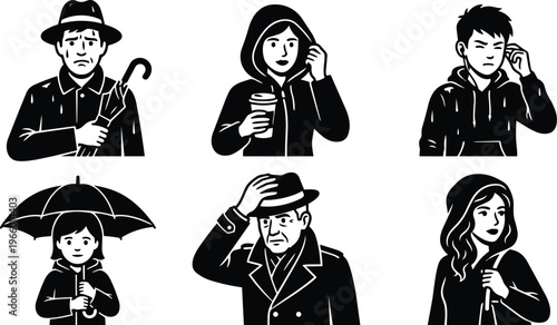Black and white line art six people wearing hoods umbrellas hats holding coffee and phone
