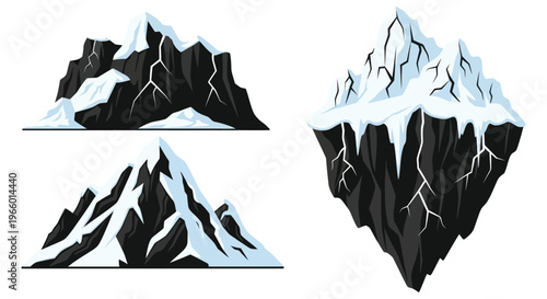 Three stylized mountain formations are depicted with contrasting dark and light sections showcasing a unique silhouette high quality professional detailed modern