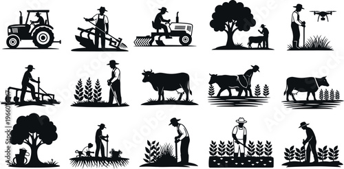 High-quality PNG illustration featuring a collection of minimalist farming and rural lifestyle icons. Ideal for educational materials, agricultural apps, business presentations, and marketing campaign