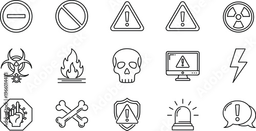 Warning icons illustration, hazard symbols, danger signs, prohibition mark, biohazard artwork, radiation design, safety concept, alert vector, caution graphic