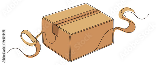 Flat illustration of a cardboard box with decorative ribbon depicting a delivery package for shipping and gifting design