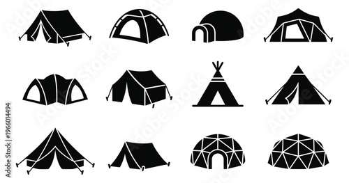 Silhouette icon set of 12 camping shelters featuring tents, teepee, igloo and geodesic dome styles for outdoor design