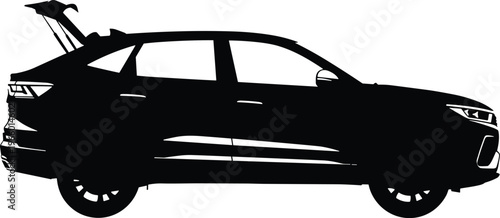 SUV silhouette illustration, modern crossover vehicle, open trunk design, side view artwork, black vector drawing, automotive concept, car profile design