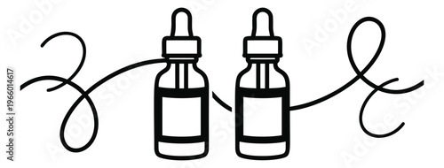 Outline illustration of two dropper bottles depicting skincare serum with decorative swirl elements for beauty and cosmetic design