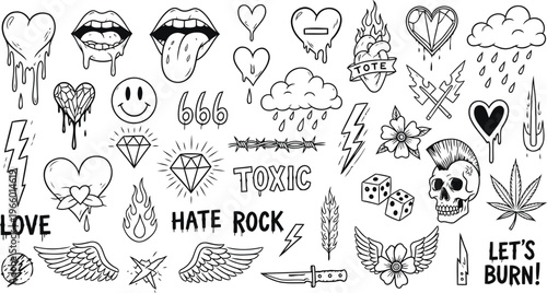 Hand drawn doodle collection hearts skulls and alternative symbols