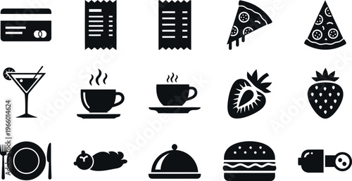 High-quality PNG vector icons featuring food, beverages, and dining elements with a modern flat design. Ideal for web design, apps, menus, infographics, and commercial projects requiring transparent