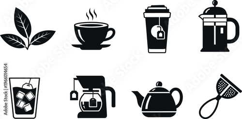 Set of coffee and tea icons and utensils isolated on transparent background