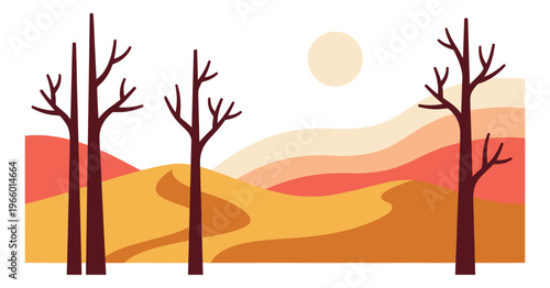 Flat illustration of an autumn desert landscape depicting bare trees and rolling hills under a sun for nature and seasonal design