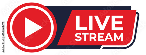 Flat illustration of a live stream badge depicting a play button and bold typography for broadcast and media design