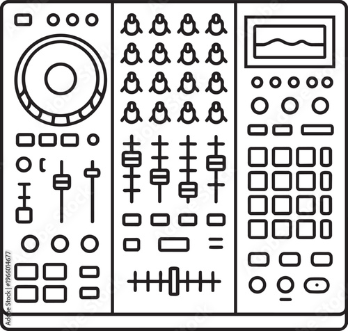 Audio mixing console dj mixer board linear icon representing sound recording studio equipment and music production