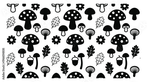 Flat and silhouette icon set of forest nature symbols featuring mushrooms, oak leaves, acorns and flowers for autumn design