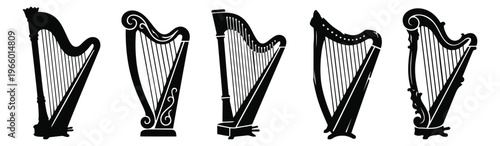 Silhouette icon set of 5 harps featuring classical Celtic and orchestral string instruments for music design