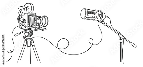 Line art illustration of vintage film camera and microphone depicting media production equipment for entertainment and broadcast design