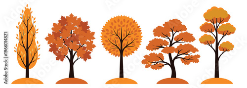 Flat icon set of 5 autumn trees featuring seasonal foliage in orange and brown tones for nature design
